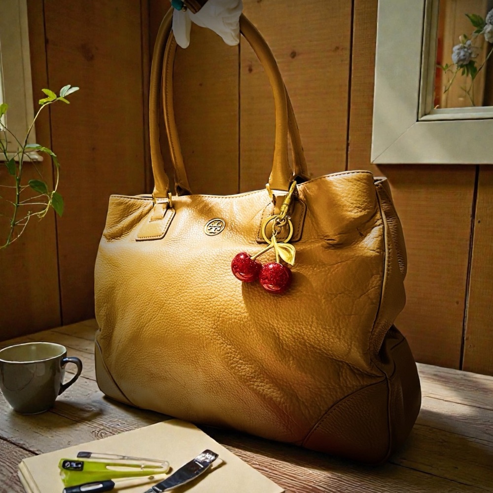 Tory Burch Tan Leather Tote with orange gold cherry keychain Charm - Picture 5 of 15